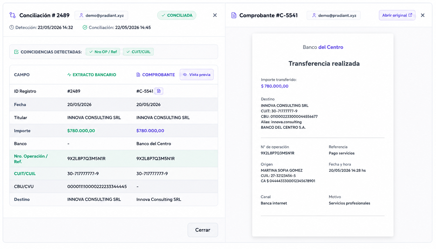 Mockup UX/UI del backoffice de conciliación con datos ficticios